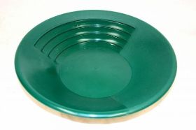 14 Inch Super 3-Stage Gold Pan - SP14 - Green Pan three times as fast as you would with a conventional gold pan! This pan has three surfaces that perform specialized tasks: 1. The coarse riffled area is used to "rough out" the majority of material. 2. The textured area is used to pan any remaining black sand. 3. The "smooth surface" is used until only the gold remains. The Super Pan is 14 inches in diameter, green in color for good visual contrast and comes with a lifetime guarantee.