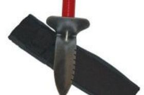 Lesche Digging Tool with Left Serrated Blade and No Slip Handle - 12" Overall Length - LESCHE-48-Left The Lesche Digger is a premium quality tool designed to easily cut through roots and tough ground conditions. Safely and easily recover valuable targets with ease. Includes cordura sheath. The Lesche Left digging tool is made for right handed folks, since the serrations on the left side of the blade. This makes it easier to pull towards you with your right hand.
