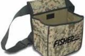 FISHER LABS Camo Canvas Metal Detecting Finds Recovery Bag with Adjustable Belt. This camo Pouch features Two Large Pockets to separate treasure from trash. This useful bag can also carry digging tools and pinpointers on the exterior webbing grid. This bag secures with its own belt, and is ideal for water hunting. Keep your treasure safe and secure anywhere you hunt!