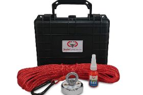 Brute Box 575 lb Magnet Fishing Bundle (2.95" Magnet + Rope + Carabiner + Threadlocker) The ultimate all-in-one kit with everything you need to start magnet fishing right away. This handy waterproof hardshell plastic carrying case includes our 2.95" 575 lb magnet, threadlocker, and 65 ft. 1/4" double braided rope with carabiner, nestled in a custom foam insert. Buy now and see what you can discover! SKU: 75-CASE Magnet Specifications: Dimensions: 2.95” x .70” Hole Diameter: 0.39” (10mm) Material: NdFeB Magnet + A3 Steel Plate Coating: NiCuNi Pulling Force: 575 lbs Double Braided Rope Specifications: Double Braided - 65 ft. 1,300 lb Breaking Strength 1/4" diameter (6mm) 8 inner strands Rot and UV Fading Resistant Not suitable for climbing High quality carabiner rated to 5,600 lbs Case Specifications: Outside Dimensions: 10.50" x 9.50" x 5.00" Inside Dimensions: 9.50" x 7.00" x 3.00" Black high impact polypropylene plastic IP 67 Waterproof Rating Includes knob with O-ring for manual pressure adjustment Two draw latches ensuring a tight seal Two padlock holes for additional security Holds one 575 lb (2.95") magnet