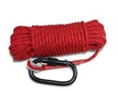 This rope is ideal for magnet fishing. Eight inner strands make it exceptionally strong for its weight and size. Save time and frustration trying to tie the perfect knot - comes looped and sewn with a plastic thimble. The stitching is covered with heat shrink tubing to protect it from abrasion. High quality carabiner, rated to 5600 lbs is included with the rope. Specifications: Double Braided 1,680 lb Breaking Strength 1/4" diameter (6mm) 8 inner strands Rot and UV Fading Resistant Not suitable for climbing Weight with carabiner: 1.30 lbs
